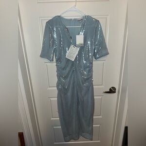 Ganni Light Blue Sequin Ruched Midi Dress